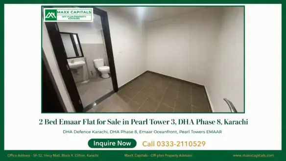 Emaar flat for sale interior with tiled bedroom and attached bathroom in Pearl Tower 3, DHA Phase 8