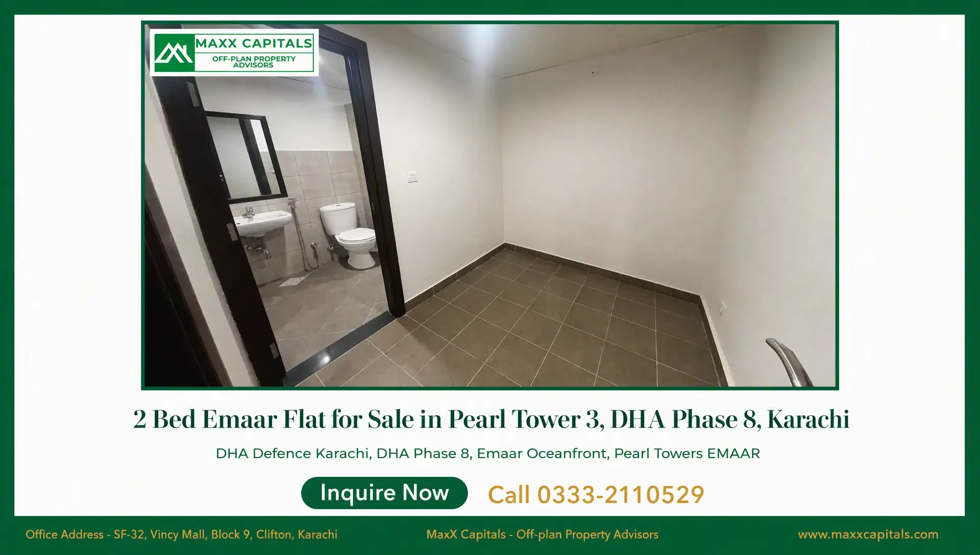 2 Bed Emaar Flat for Sale in Pearl Tower 3, DHA Phase 8, Karachi Emaar flat for sale interior with tiled bedroom and attached bathroom in Pearl Tower 3, DHA Phase 8