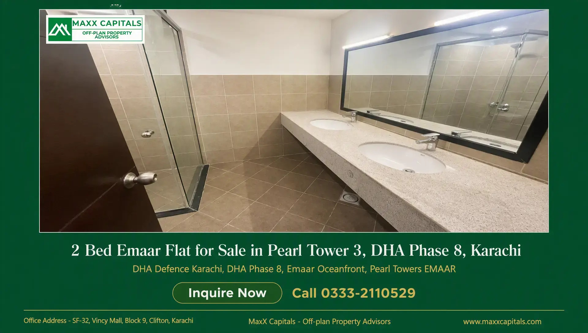 2 Bed Emaar Flat for Sale in Pearl Tower 3, DHA Phase 8, Karachi Modern Emaar flat bathroom with double vanity, large mirror, tiled walls, and glass shower enclosure