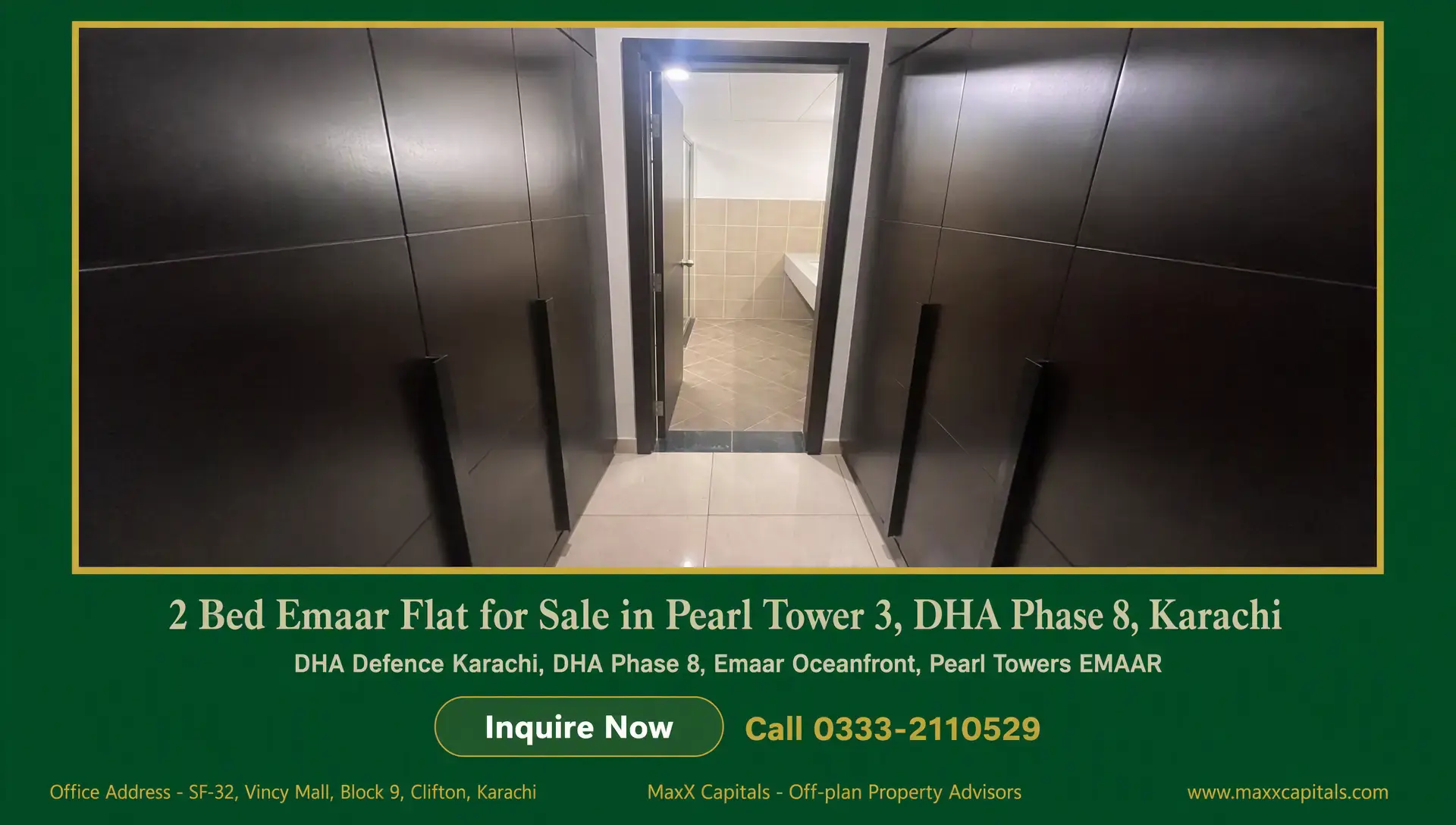 2 Bed Emaar Flat for Sale in Pearl Tower 3, DHA Phase 8, Karachi Emaar flat for sale with dark built-in wardrobes framing a tiled entryway and bathroom doorway
