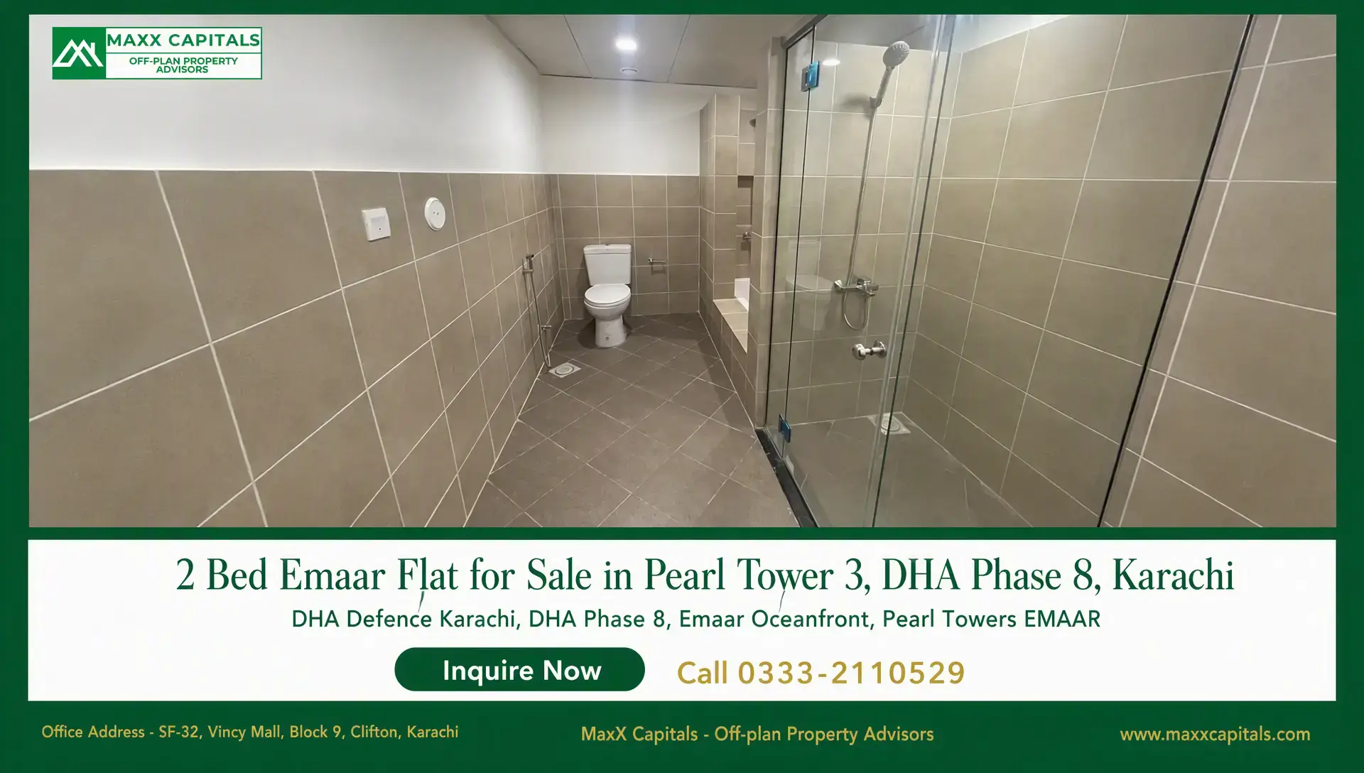 2 Bed Emaar Flat for Sale in Pearl Tower 3, DHA Phase 8, Karachi Modern Emaar flat bathroom with tiled shower enclosure and sleek finishes in Pearl Tower 3
