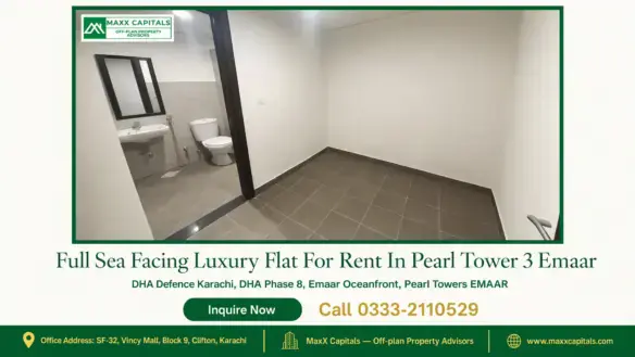 Bright tiled bathroom and adjoining space in a flat for rent in Pearl Tower 3 with minimalistic design and modern fixtures.