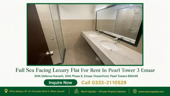 Modern bathroom with dual vanity sinks, large mirror, and a glass-enclosed shower within a flat for rent in Pearl Tower 3.