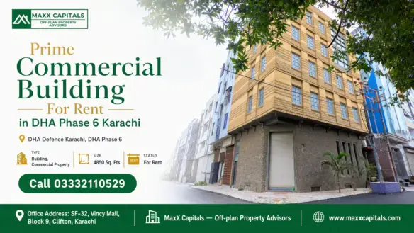 A Modern Multi-Story Commercial Building With Beige Textured Facade, Large Windows, And Located In Dha Phase 6 Karachi.