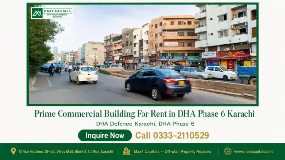 Street view of commercial buildings in DHA Phase 6 Karachi with multiple shops and passing vehicles.