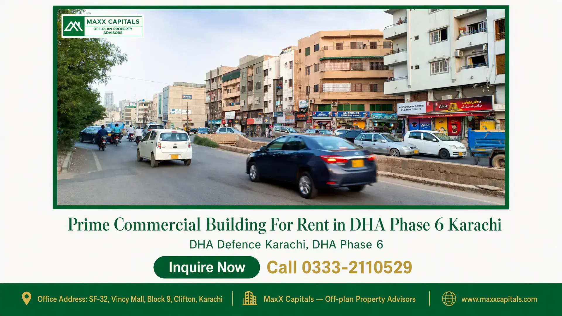 Prime Commercial Building For Rent in DHA Phase 6 Karachi Street view of commercial buildings in DHA Phase 6 Karachi with multiple shops and passing vehicles.