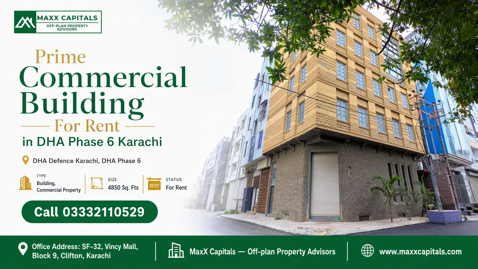 Prime Commercial Building For Rent in DHA Phase 6 Karachi A modern multi-story commercial building with beige textured facade, large windows, and located in DHA Phase 6 Karachi.