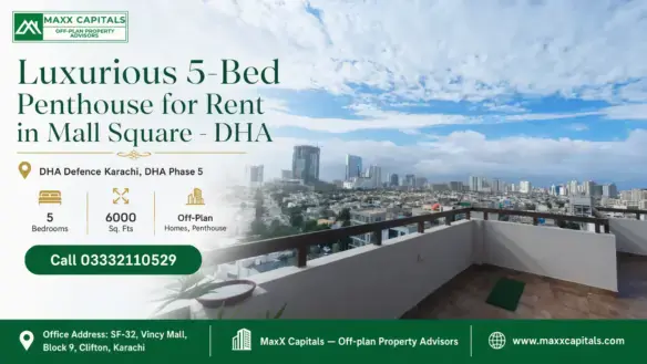 Expansive Terrace View Of The City Skyline At A Luxurious Penthouse For Rent In Mall Square Dha, Karachi.