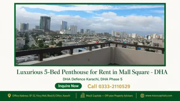 Expansive view from the terrace of a luxurious penthouse for rent in Mall Square DHA, overlooking the city skyline.
