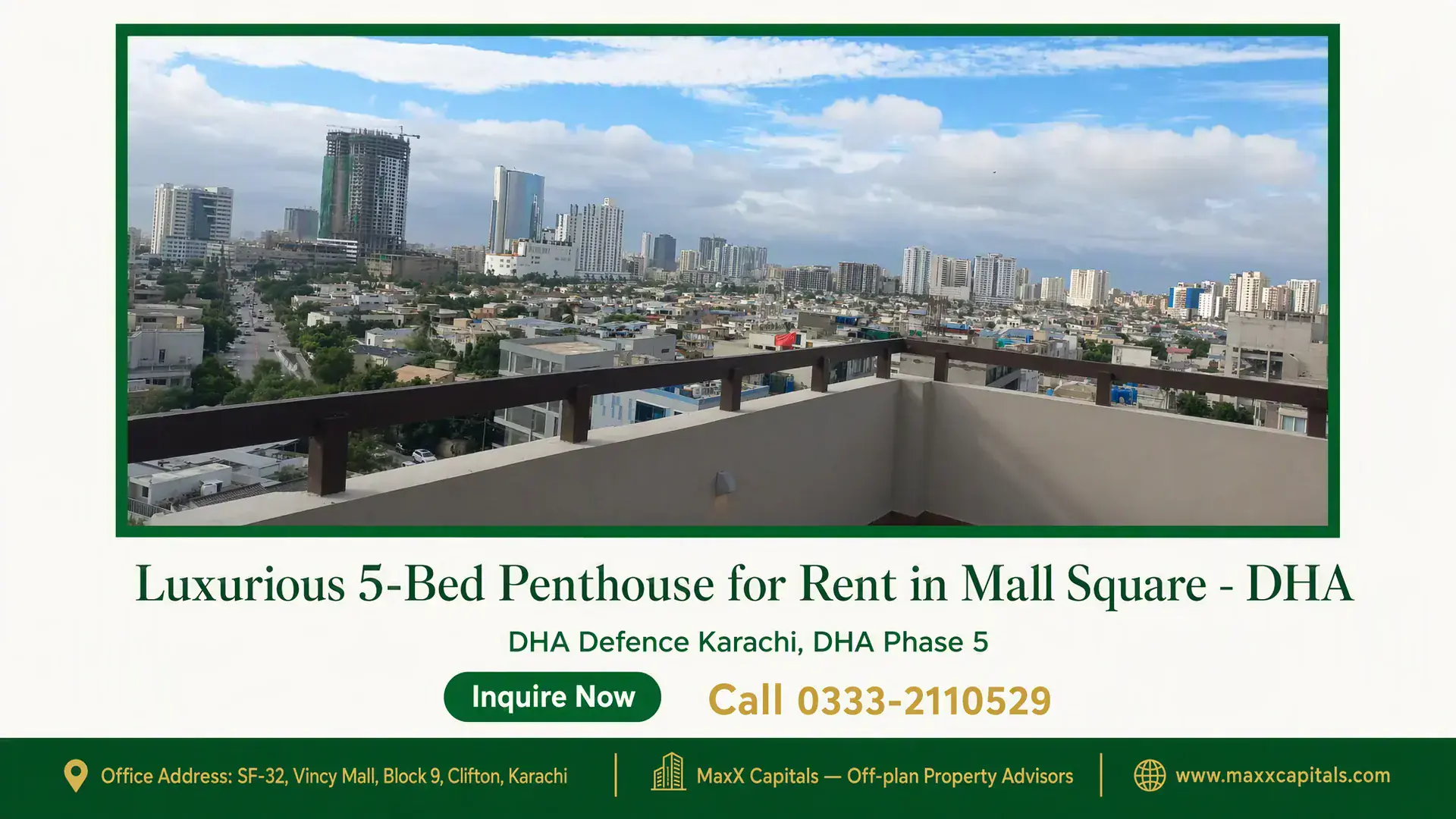 Luxurious 5-Bed Penthouse for Rent in Mall Square – DHA Expansive view from the terrace of a luxurious penthouse for rent in Mall Square DHA, overlooking the city skyline.