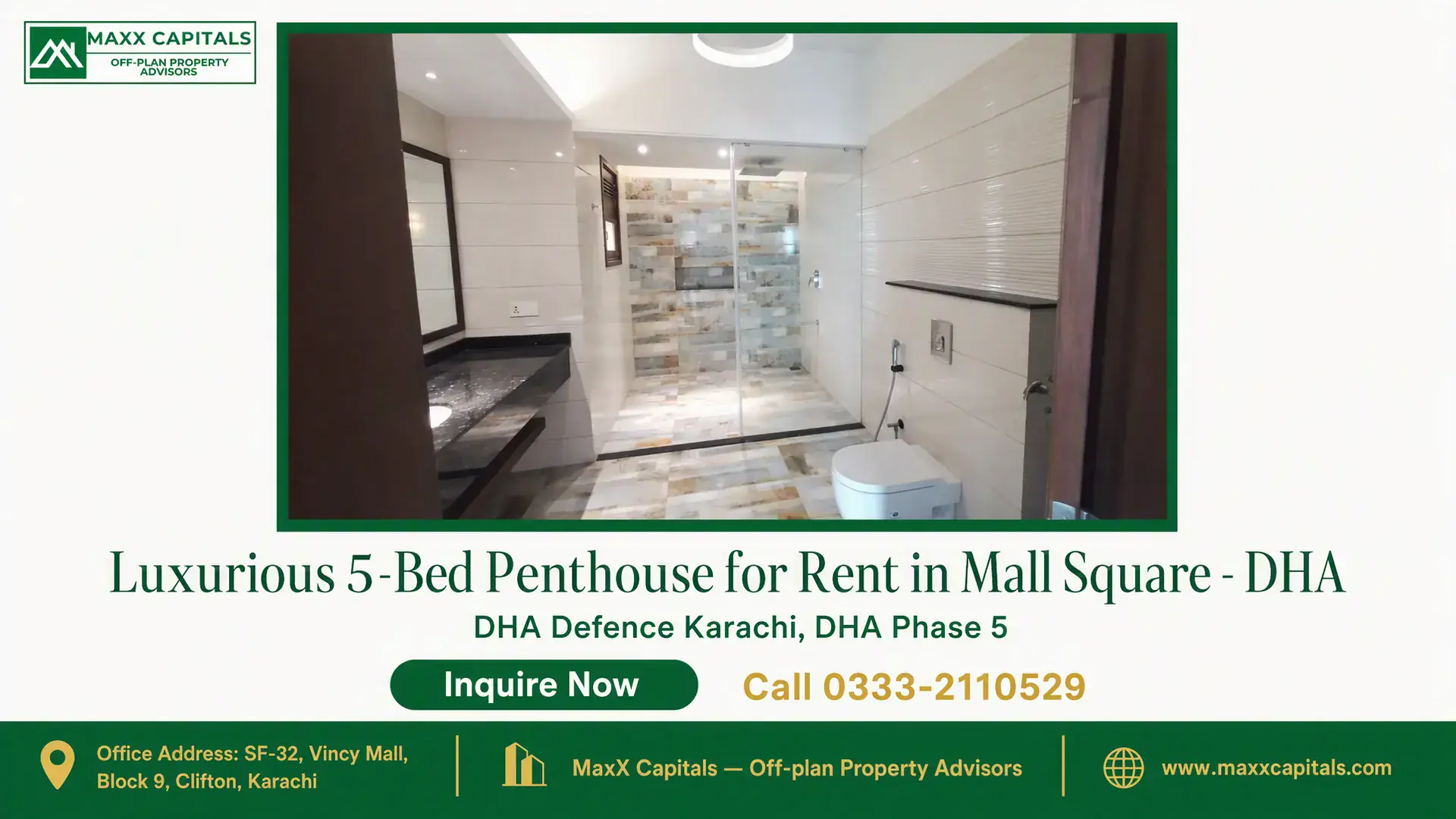 Luxurious 5-Bed Penthouse for Rent in Mall Square – DHA Modern bathroom in a luxurious penthouse featuring a glass-enclosed shower, sleek vanity, and premium tiled finishes in Mall