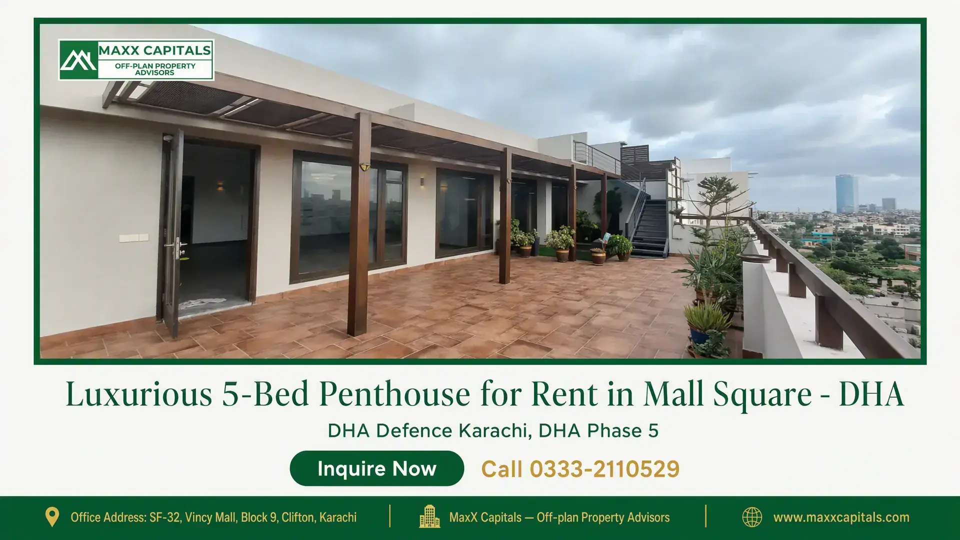 Luxurious 5-Bed Penthouse for Rent in Mall Square – DHA Spacious terrace of a 5-bed penthouse for rent in Mall Square with modern pergola, tiled flooring, and skyline views in DHA.