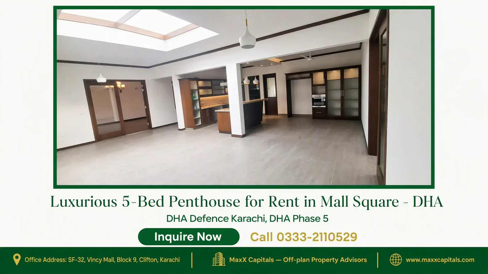 Luxurious 5-Bed Penthouse for Rent in Mall Square – DHA Spacious penthouse interior with hardwood cabinetry, kitchen island, skylights, and modern lighting in Mall Square, DHA.