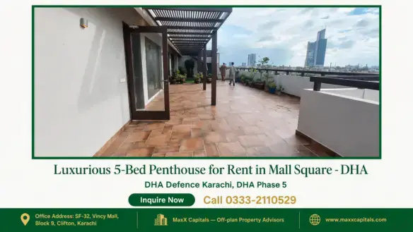 Spacious terrace with tiled flooring, modern pergola, and city skyline in a penthouse for rent in Mall Square DHA.