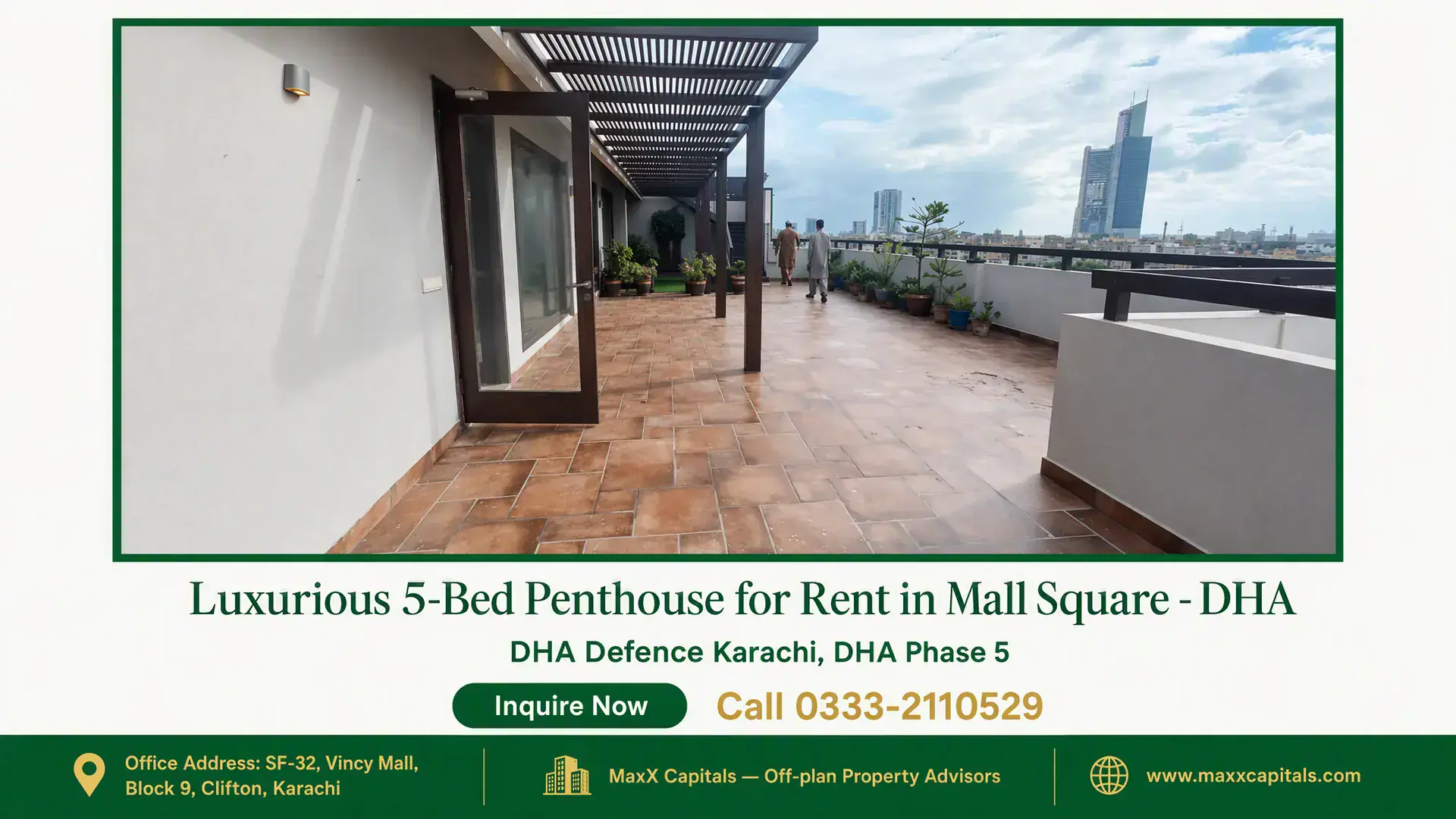 Luxurious 5-Bed Penthouse for Rent in Mall Square – DHA Spacious terrace with tiled flooring, modern pergola, and city skyline in a penthouse for rent in Mall Square DHA.