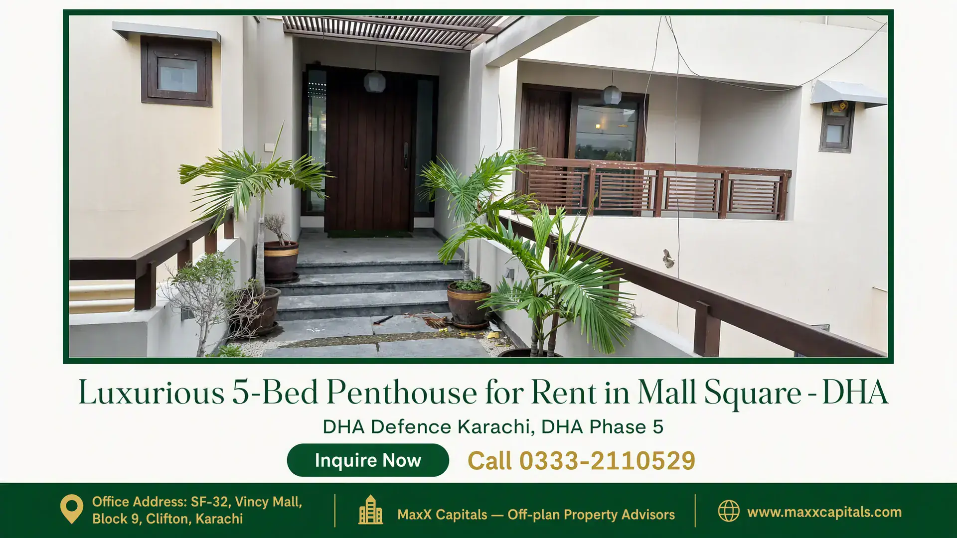 Luxurious 5-Bed Penthouse for Rent in Mall Square – DHA Elegant stone steps leading to the entrance of a luxurious penthouse in Mall Square, featuring potted palms and wooden accent