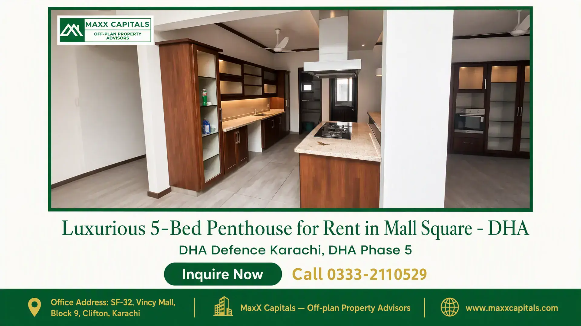 Luxurious 5-Bed Penthouse for Rent in Mall Square – DHA Spacious penthouse kitchen with wooden cabinets, modern cooktop, and built-in oven in Mall Square, DHA.