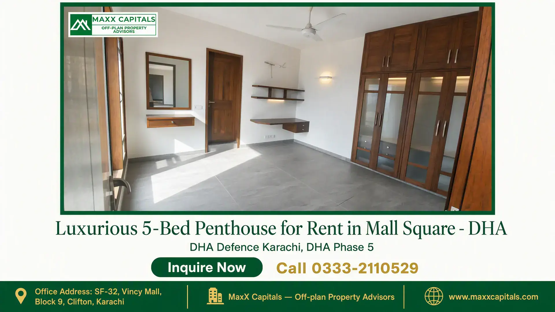 Luxurious 5-Bed Penthouse for Rent in Mall Square – DHA Spacious penthouse bedroom with built-in wooden wardrobes, sleek tiled flooring, and a wooden door in Mall Square, DHA.