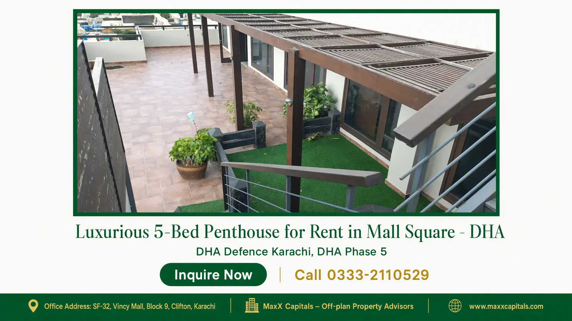 Luxurious 5-Bed Penthouse for Rent in Mall Square – DHA Spacious penthouse terrace with wooden pergola, tiled flooring, lush plants, and glass-paneled railings in Mall Square, DHA.