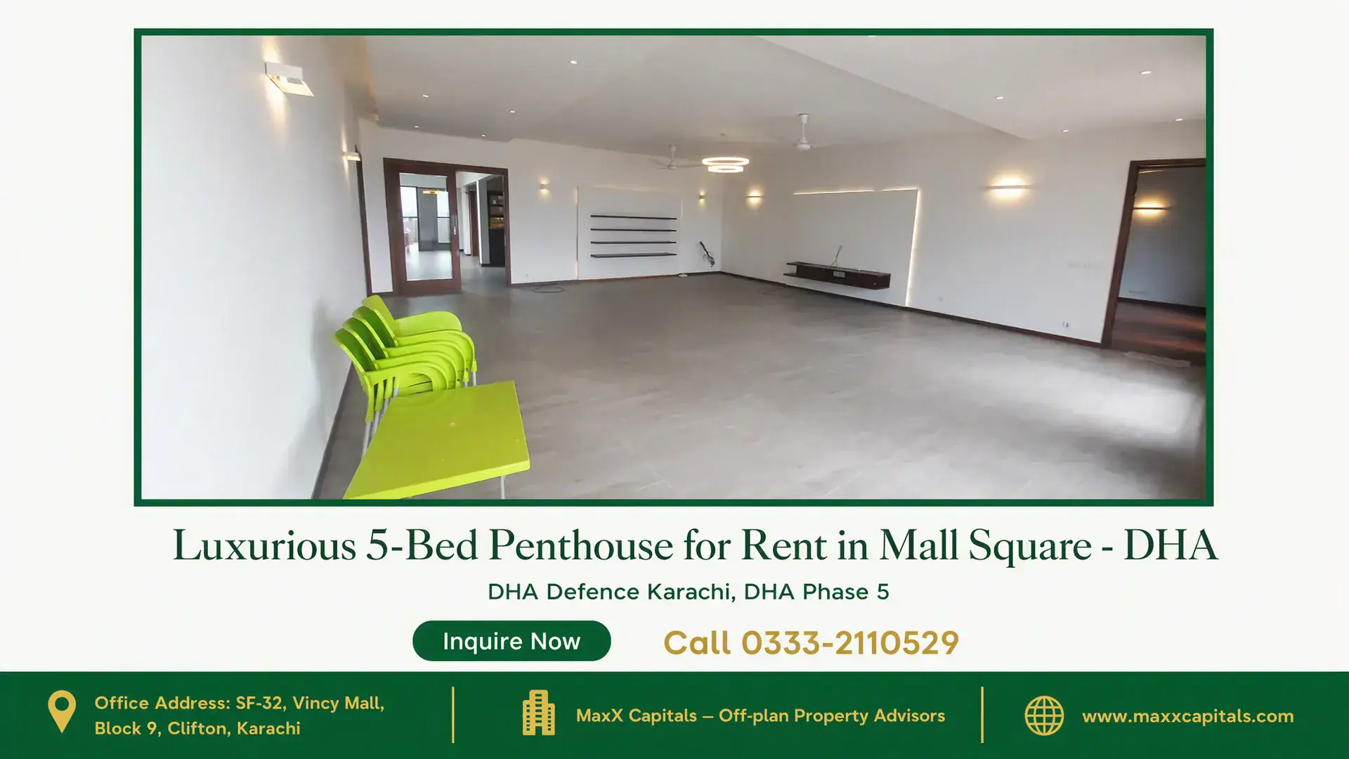 Luxurious 5-Bed Penthouse for Rent in Mall Square – DHA Spacious modern living room with recessed lighting, neutral tones, and minimalist built-in shelving in a penthouse for rent i