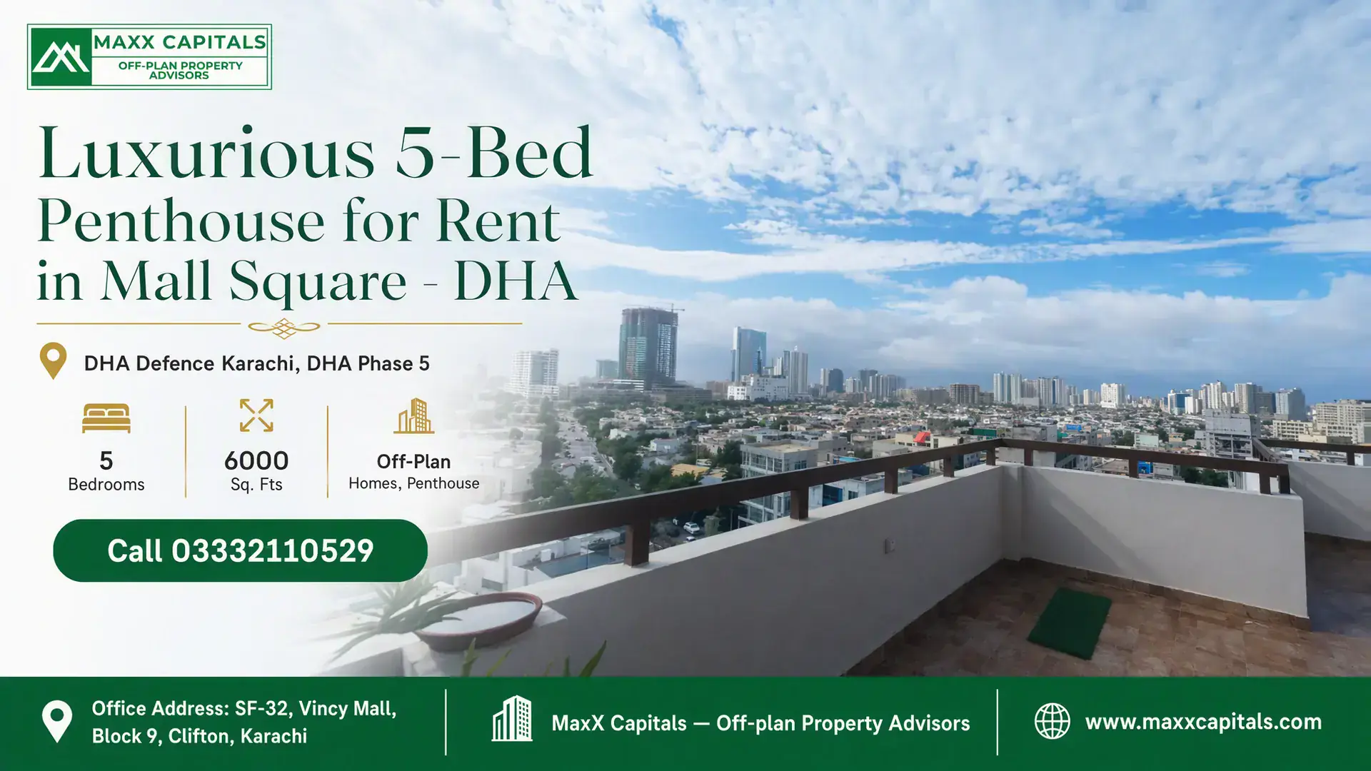 Luxurious 5-Bed Penthouse for Rent in Mall Square – DHA Expansive terrace view of the city skyline at a luxurious penthouse for rent in Mall Square DHA, Karachi.