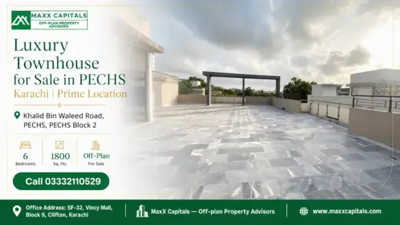 Spacious Tiled Rooftop Terrace With Partially Covered Area In A Luxury Townhouse For Sale In Pechs Karachi.