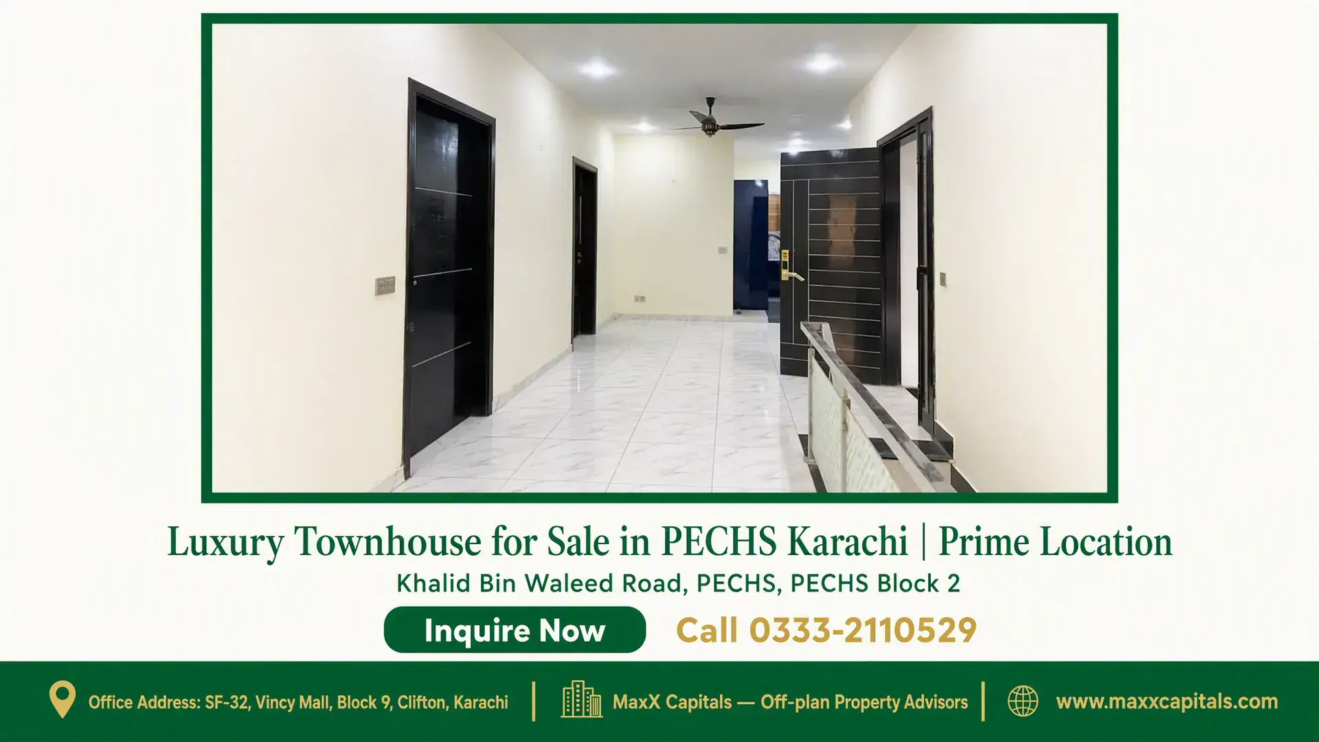 Luxury Townhouse for Sale in PECHS Karachi | Prime Location Spacious hallway in a luxury townhouse with tiled flooring, modern black doors, and well-lit ceiling in PECHS Karachi.