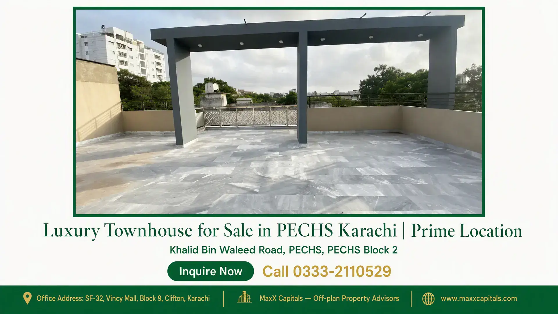 Luxury Townhouse for Sale in PECHS Karachi | Prime Location Spacious rooftop terrace with modern tile flooring and open views, located in a luxury townhouse for sale in PECHS Karachi.