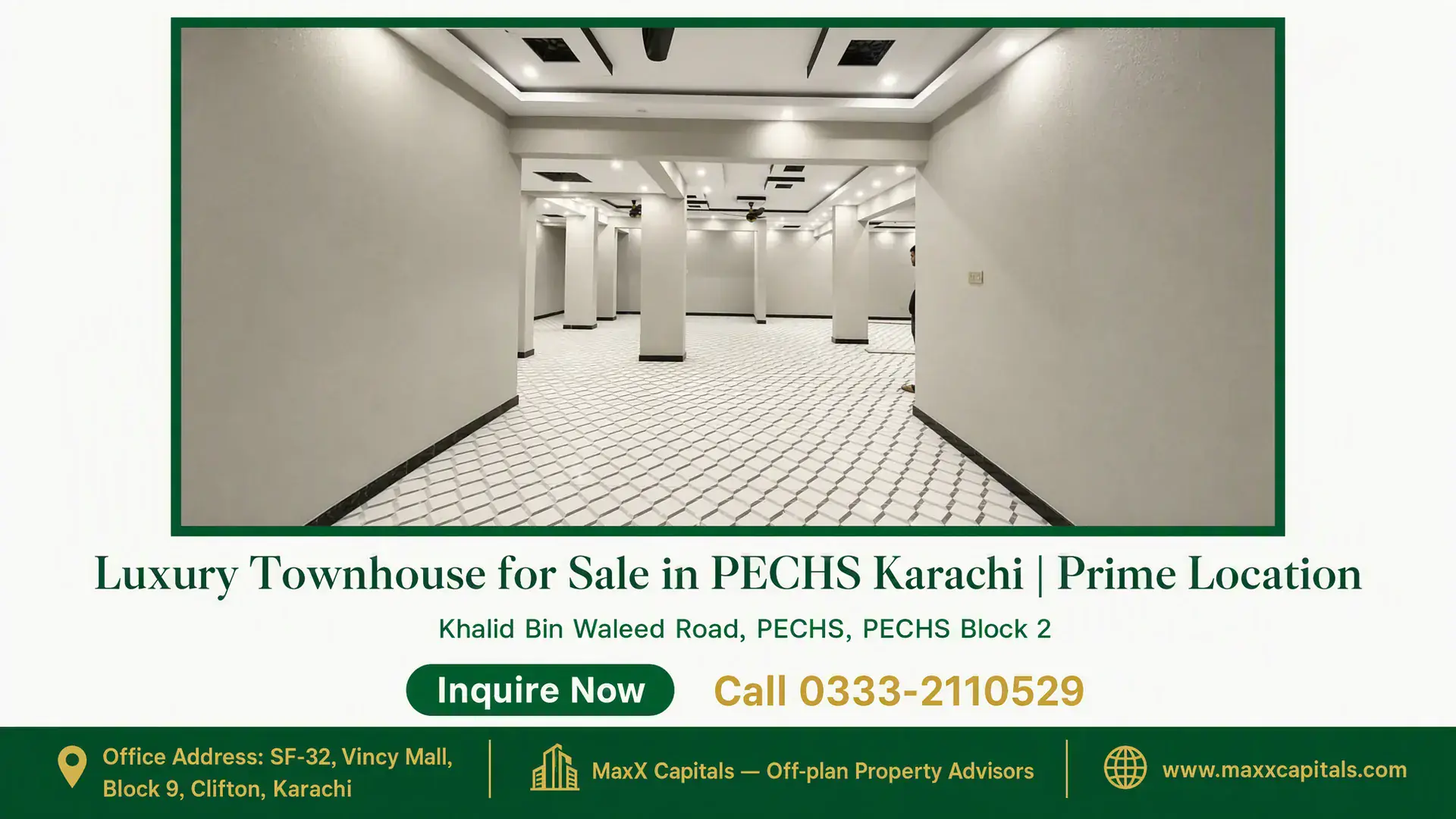 Luxury Townhouse for Sale in PECHS Karachi | Prime Location Spacious modern interior with tiled flooring, recessed ceiling lights, and sleek architectural columns in a PECHS townhouse f