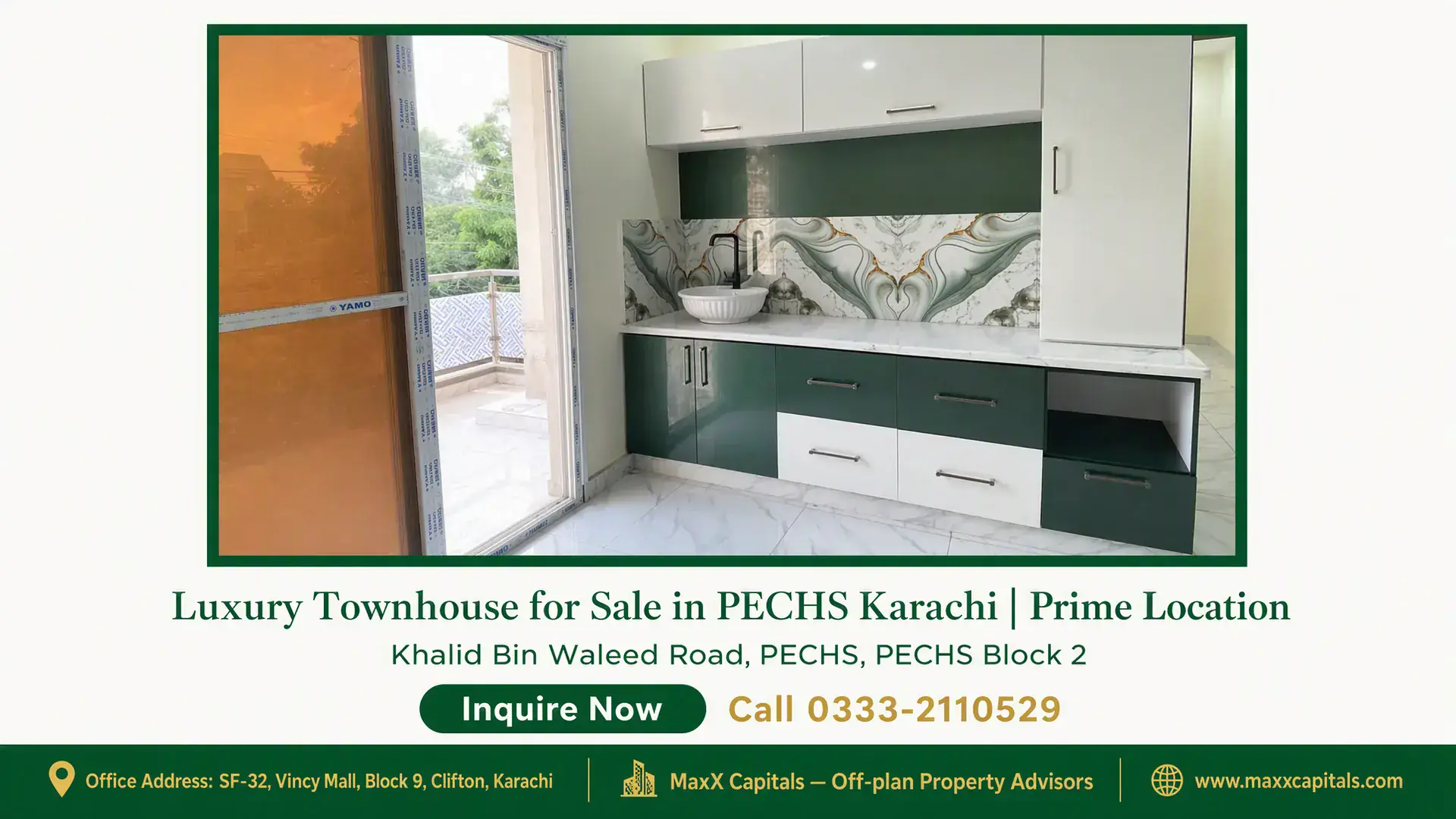 Luxury Townhouse for Sale in PECHS Karachi | Prime Location Modern kitchen with green and white cabinets, marbled backsplash, sleek sink, and access to a private balcony in a PECHS town