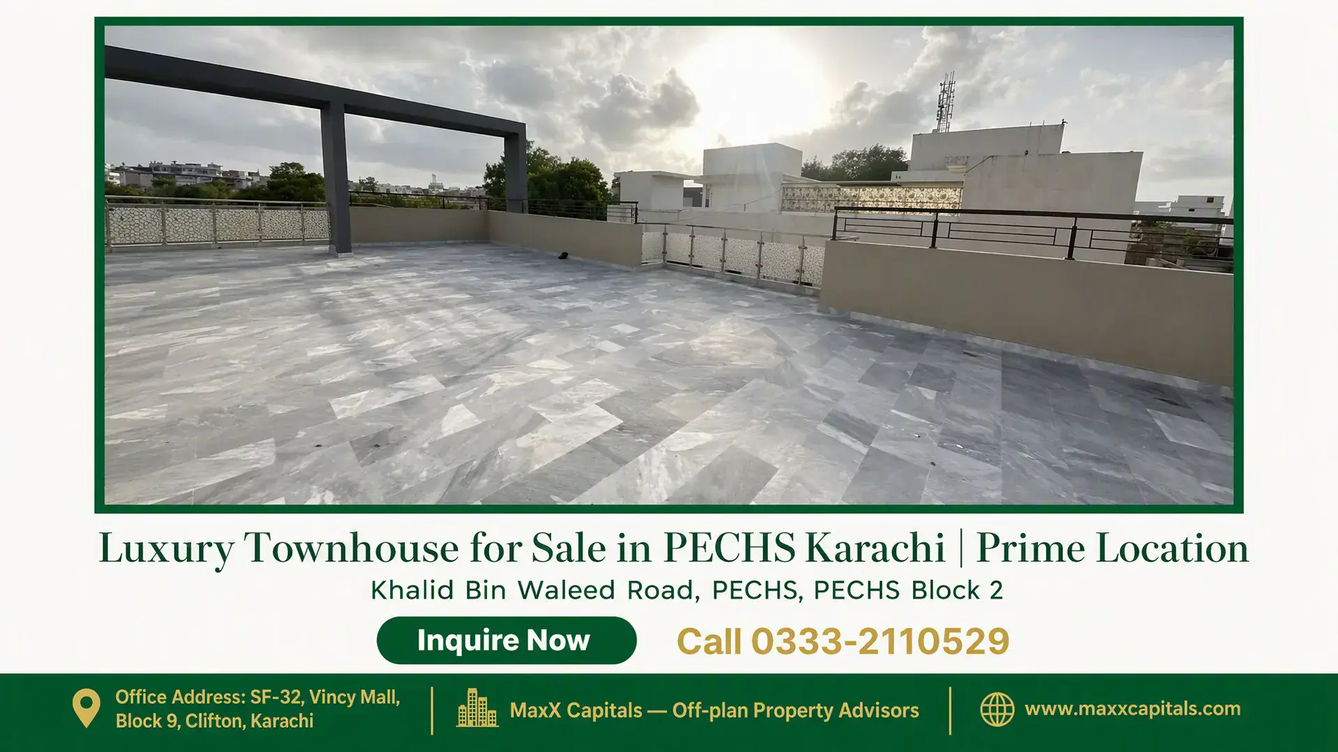 Luxury Townhouse for Sale in PECHS Karachi | Prime Location Spacious tiled terrace of a luxury townhouse for sale in PECHS Karachi with partial city skyline and cloudy skies.
