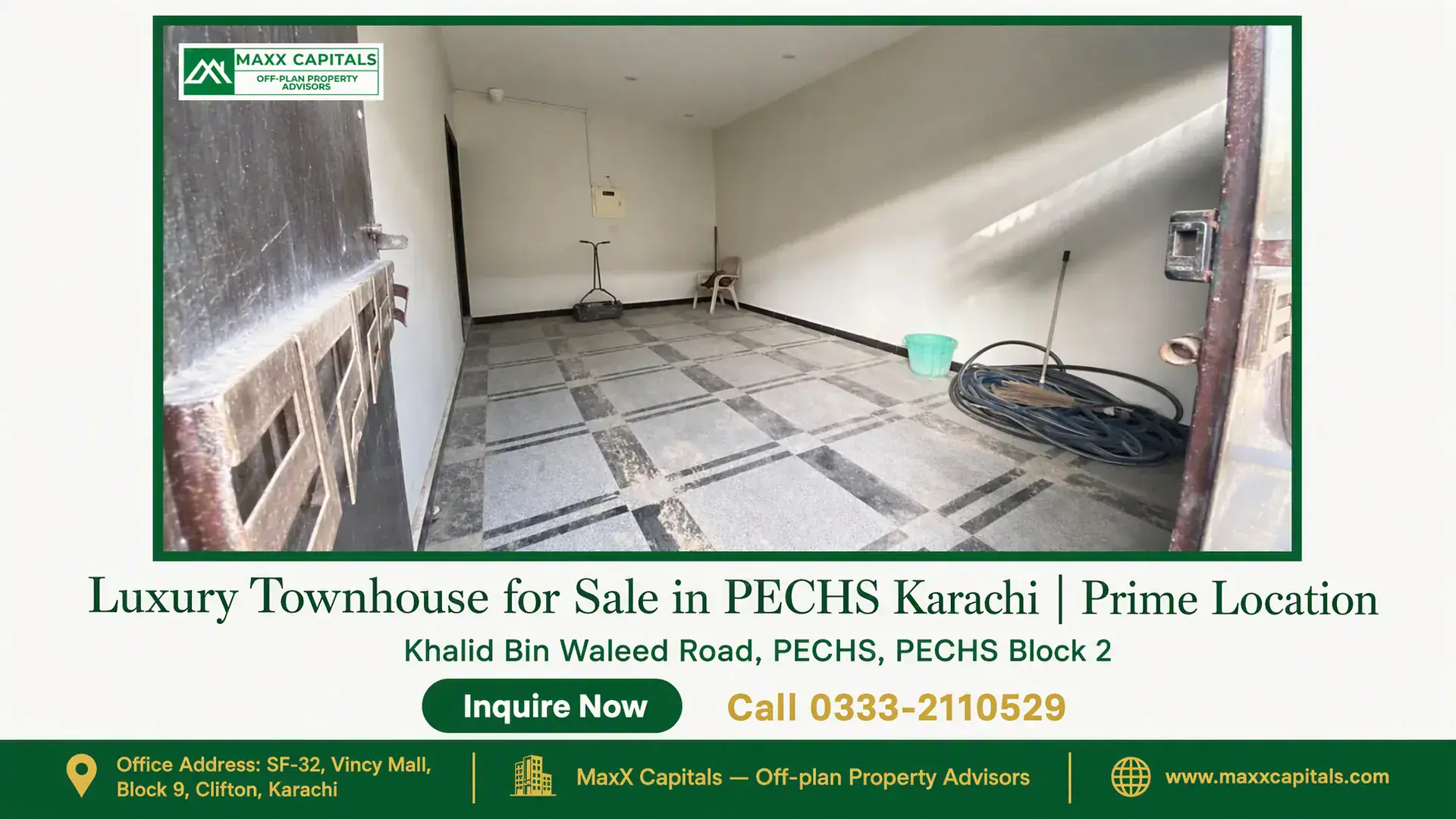Luxury Townhouse for Sale in PECHS Karachi | Prime Location Spacious tiled entryway of a luxury townhouse in PECHS Karachi with contemporary accents and sunlight streaming in.