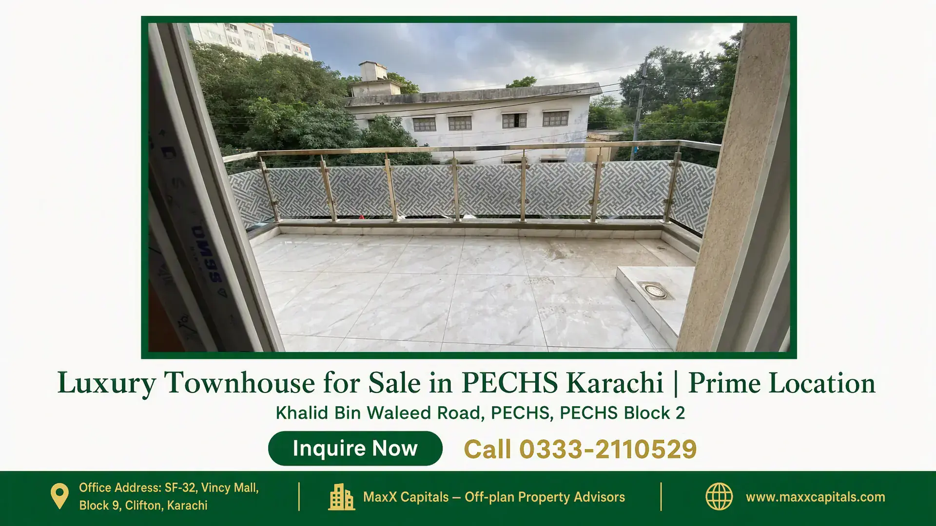 Luxury Townhouse for Sale in PECHS Karachi | Prime Location Spacious balcony with marble flooring and decorative railing in a luxury townhouse for sale in PECHS Karachi.