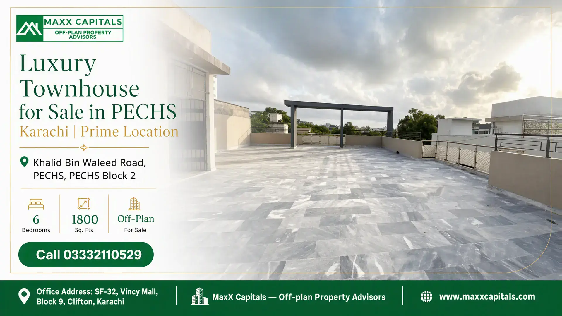 Luxury Townhouse for Sale in PECHS Karachi | Prime Location Spacious tiled rooftop terrace with partially covered area in a luxury townhouse for sale in PECHS Karachi.