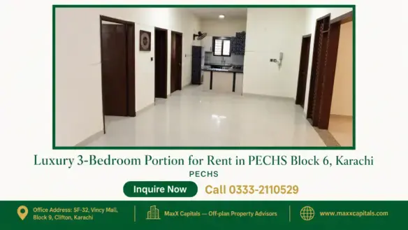 Spacious open plan living area with tiled flooring, modern kitchen, and wooden door accents in a portion for rent in PECHS.