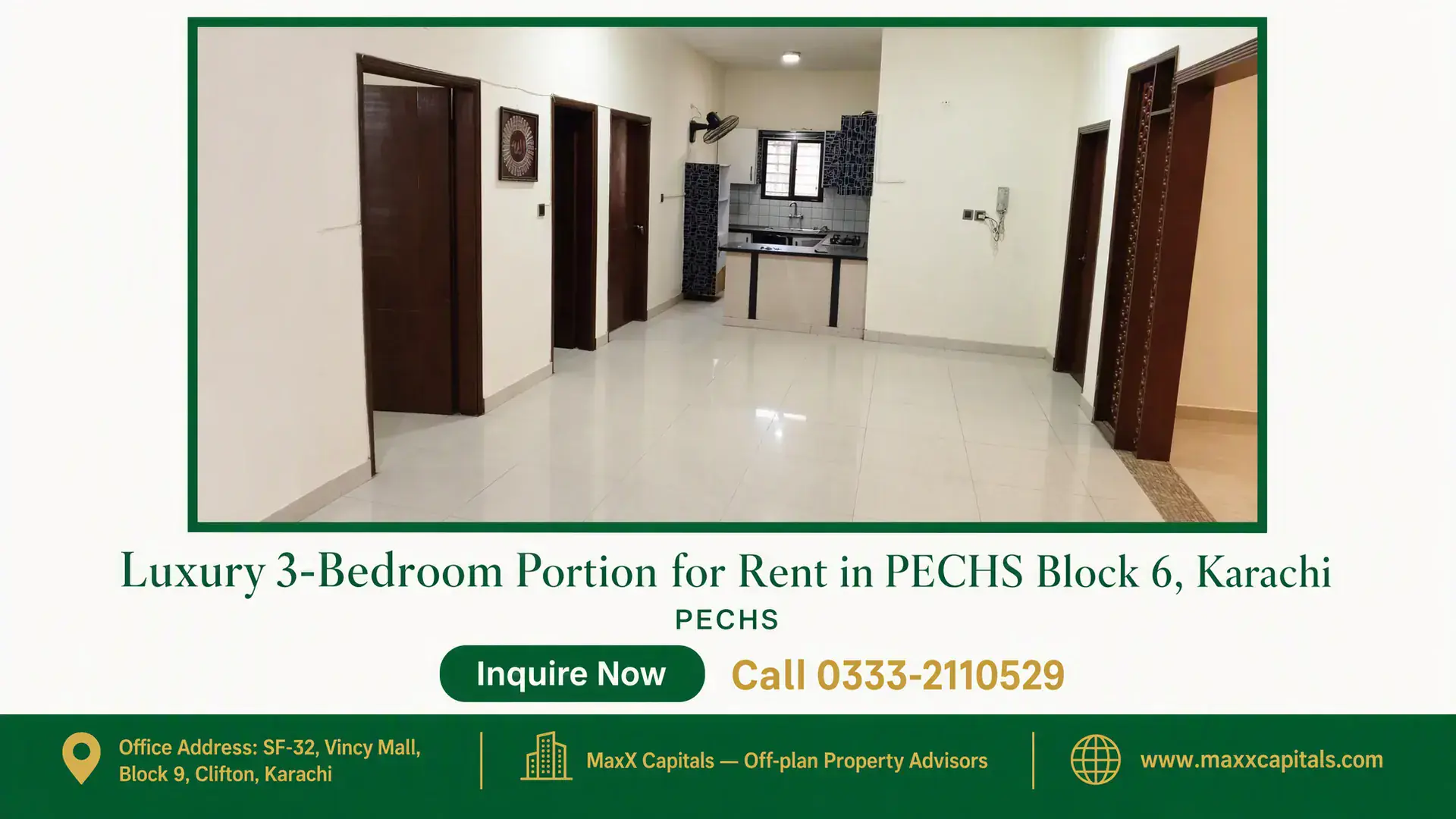 Luxury 3-Bedroom Portion for Rent in PECHS Block 6, Karachi Spacious open plan living area with tiled flooring, modern kitchen, and wooden door accents in a portion for rent in PECHS.