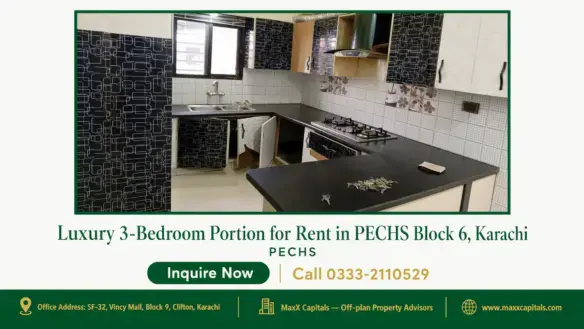 Modern kitchen with black countertops, patterned cabinets, tiled backsplash, and built-in stove in a portion for rent in PECH