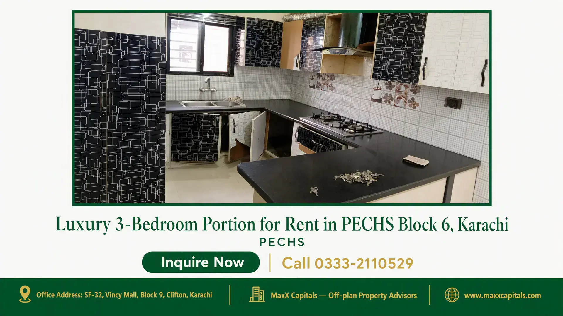 Luxury 3-Bedroom Portion for Rent in PECHS Block 6, Karachi Modern kitchen with black countertops, patterned cabinets, tiled backsplash, and built-in stove in a portion for rent in PECH