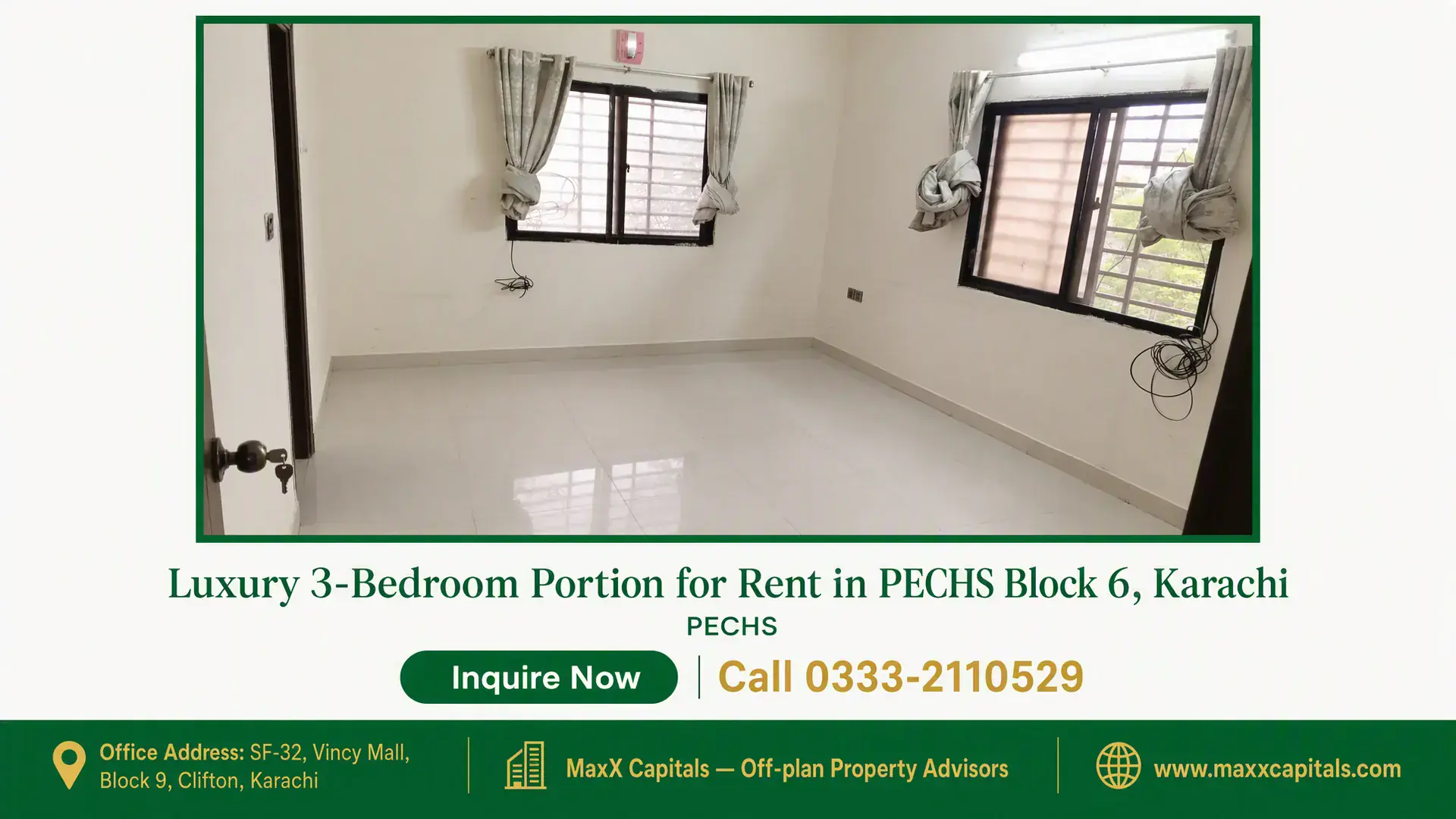 Luxury 3-Bedroom Portion for Rent in PECHS Block 6, Karachi Spacious and well-lit living area with tile flooring and windows featuring curtains in a portion for rent in PECHS Block 6, K
