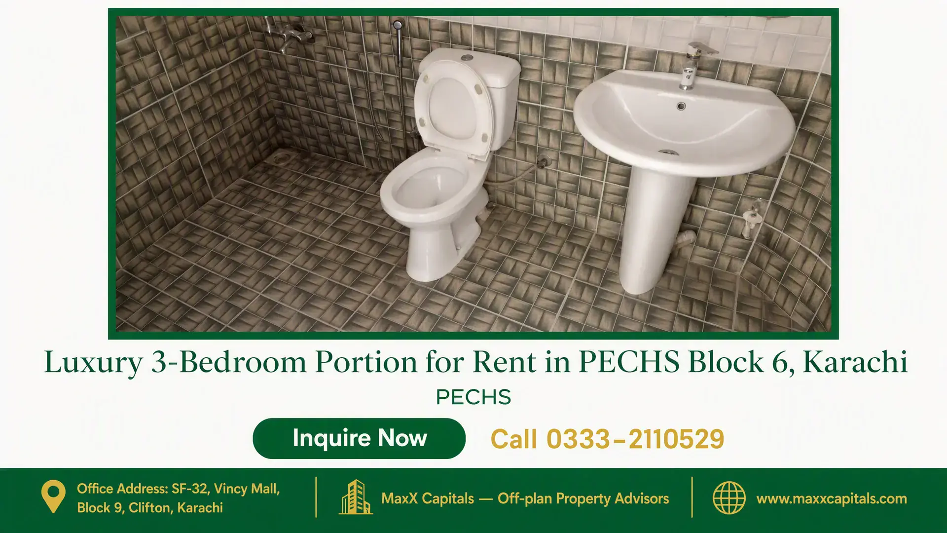 Luxury 3-Bedroom Portion for Rent in PECHS Block 6, Karachi Modern bathroom with tiled walls and floor, equipped with a white pedestal sink and a commode in a portion for rent in PECHS