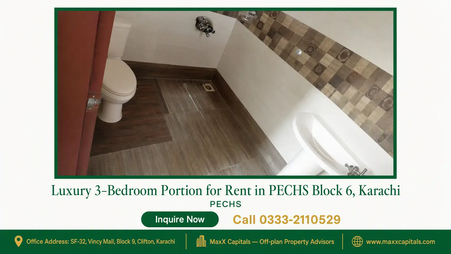 Luxury 3-Bedroom Portion for Rent in PECHS Block 6, Karachi Modern bathroom with tiled flooring, wall accents, a white toilet, and a sleek sink in a luxury portion for rent in PECHS.