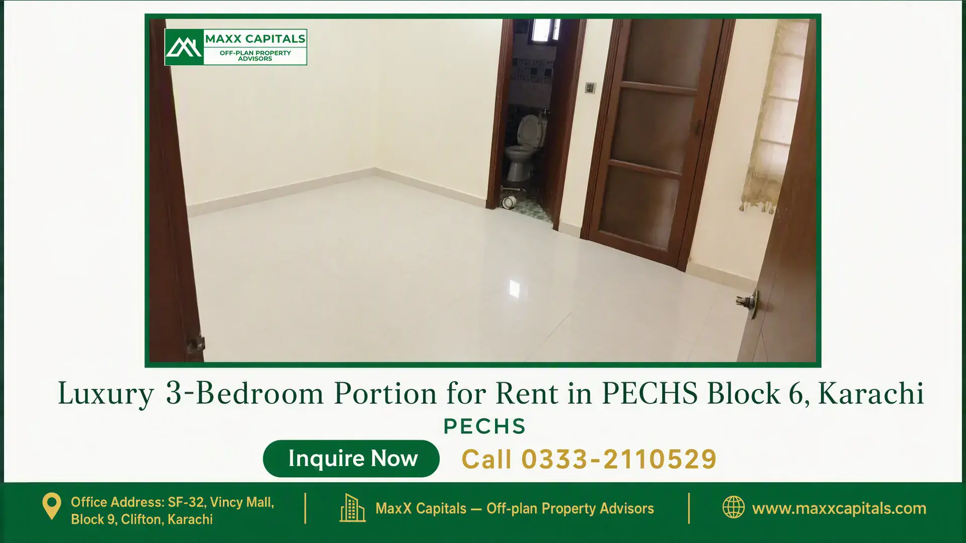 Luxury 3-Bedroom Portion for Rent in PECHS Block 6, Karachi Spacious room with polished tiled flooring, wooden door accents, and a connected private bathroom in a portion for rent in PE