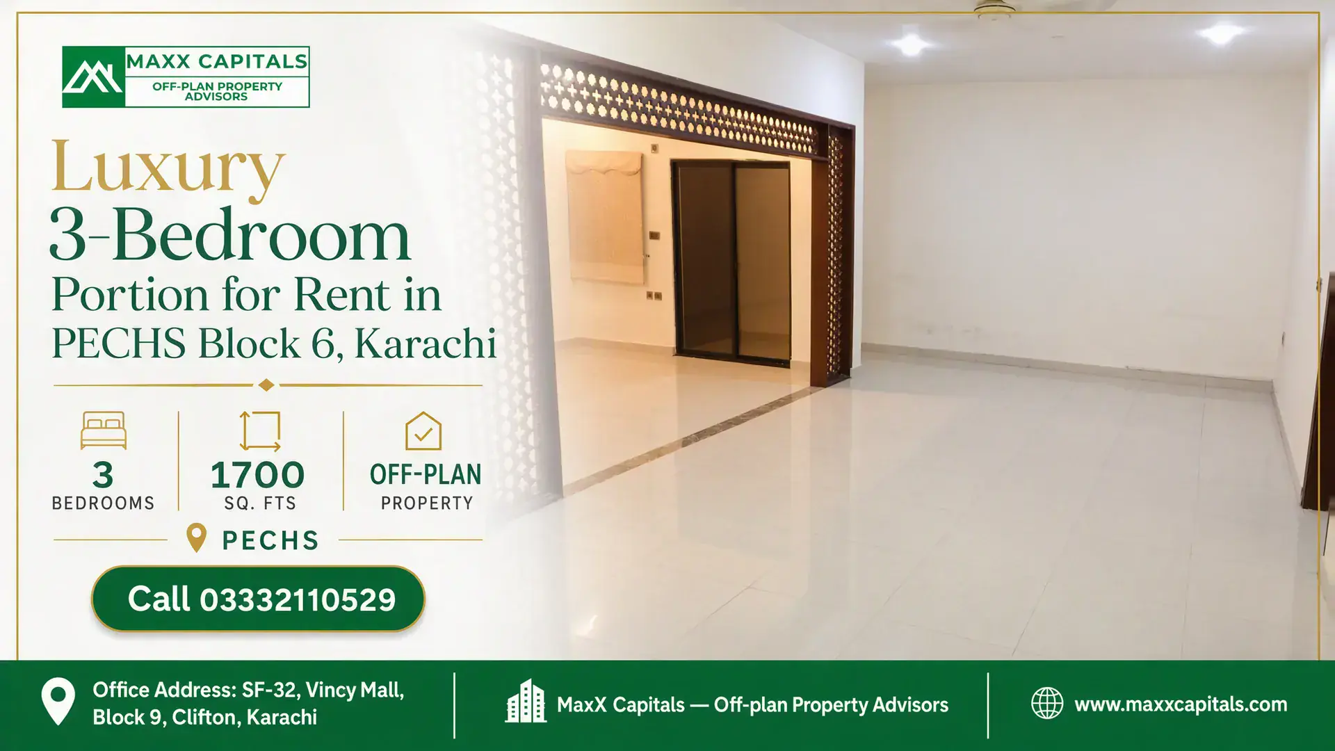 Luxury 3-Bedroom Portion for Rent in PECHS Block 6, Karachi Spacious living room with modern lighting, patterned wooden partition, and sliding doors in a luxury portion for rent in PECH