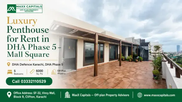 Spacious Rooftop Terrace Of A Luxury Penthouse In Dha Phase 5, Featuring Modern Wooden Accents, Large Windows, And City Views