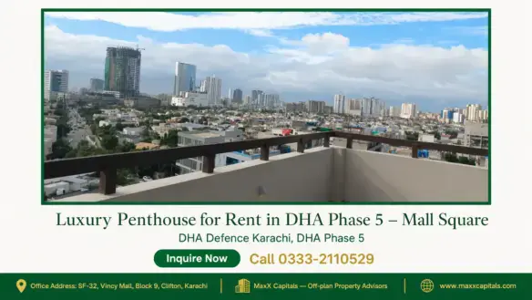 Panoramic view of DHA Phase 5 Karachi skyline from a modern penthouse terrace showcasing urban luxury living.