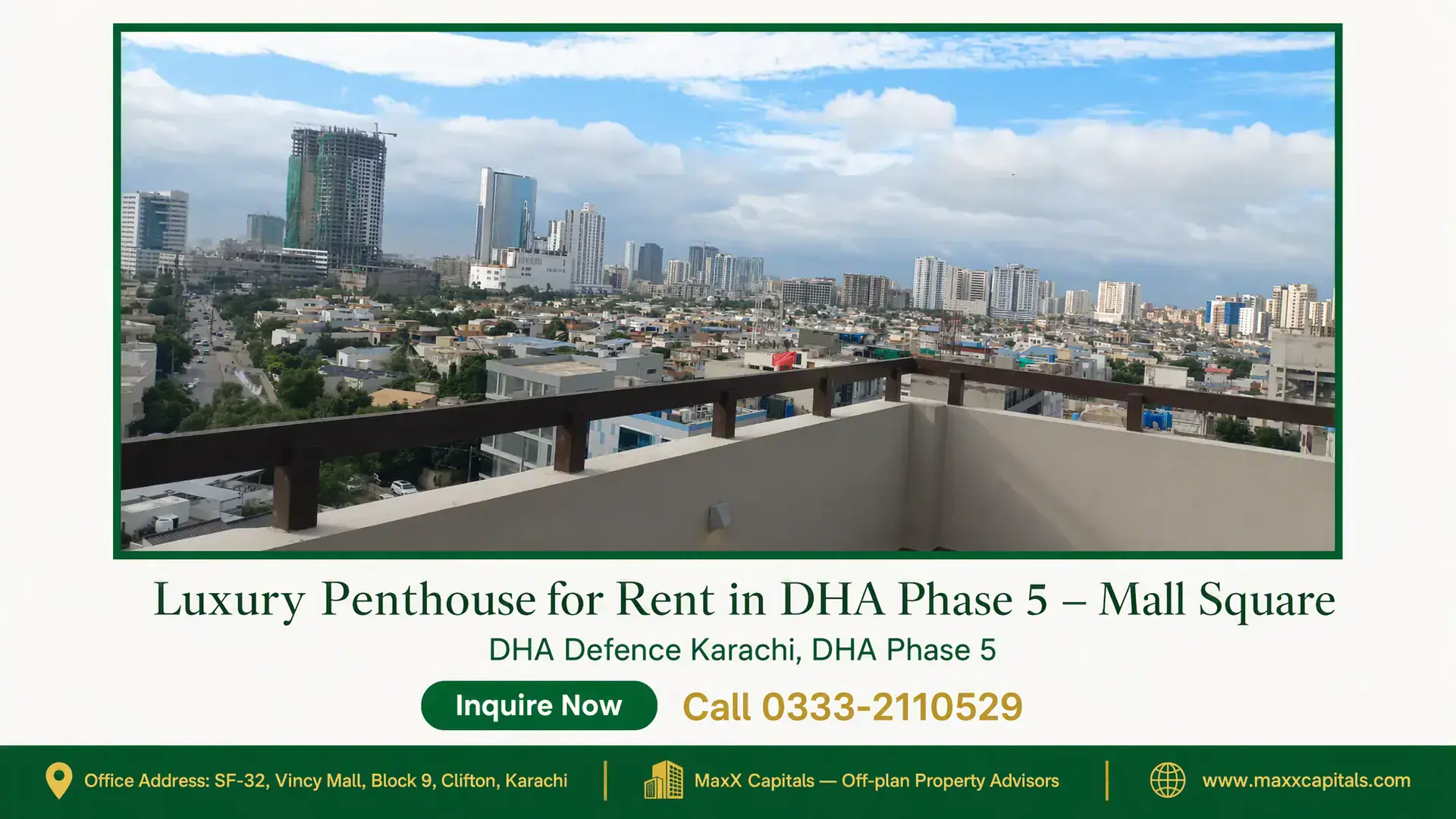 Luxury Penthouse for Rent in DHA Phase 5 – Mall Square Panoramic view of DHA Phase 5 Karachi skyline from a modern penthouse terrace showcasing urban luxury living.