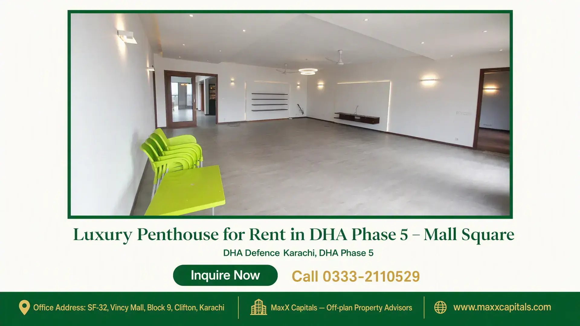 Luxury Penthouse for Rent in DHA Phase 5 – Mall Square Spacious modern living area of a luxury penthouse for rent in DHA Phase 5 featuring sleek flooring and contemporary lighting.