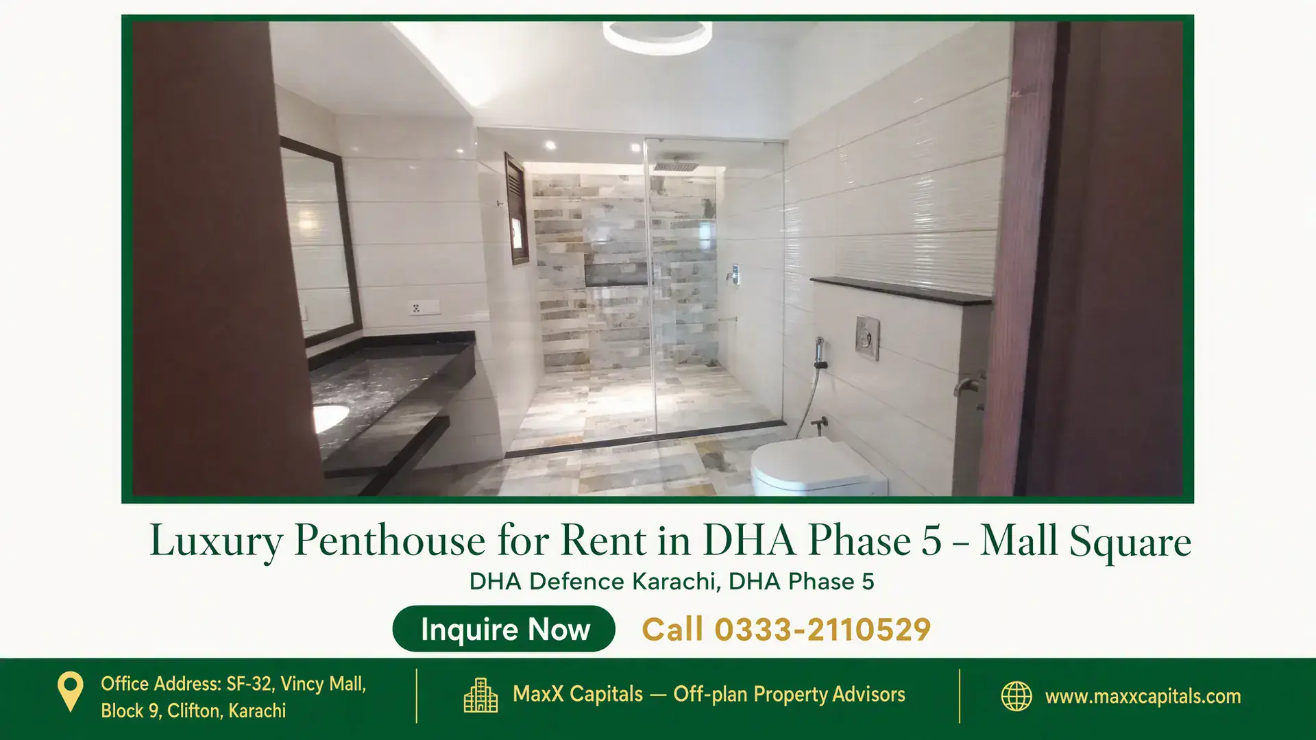 Luxury Penthouse for Rent in DHA Phase 5 – Mall Square Spacious penthouse bathroom with a sleek black countertop, modern fixtures, glass shower enclosure, and tiled walls in DHA Ph