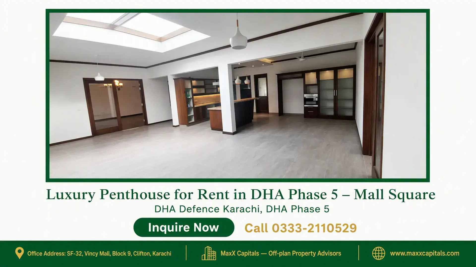 Luxury Penthouse for Rent in DHA Phase 5 – Mall Square Spacious luxury penthouse with modern open-plan kitchen, wooden accents, skylight, and floor-to-ceiling sliding doors in DHA