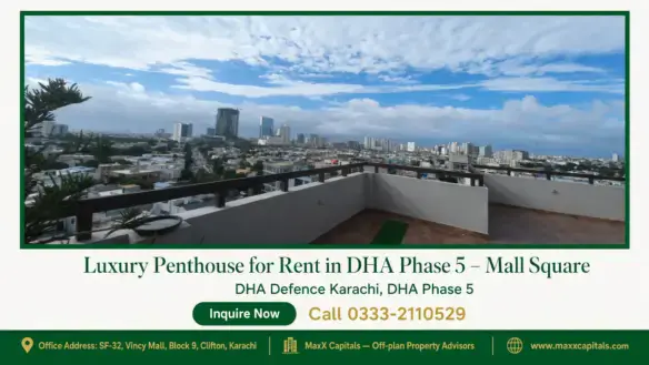 Spacious rooftop terrace with glass railing offering panoramic views of DHA Phase 5, Karachi skyline under a clear blue sky.